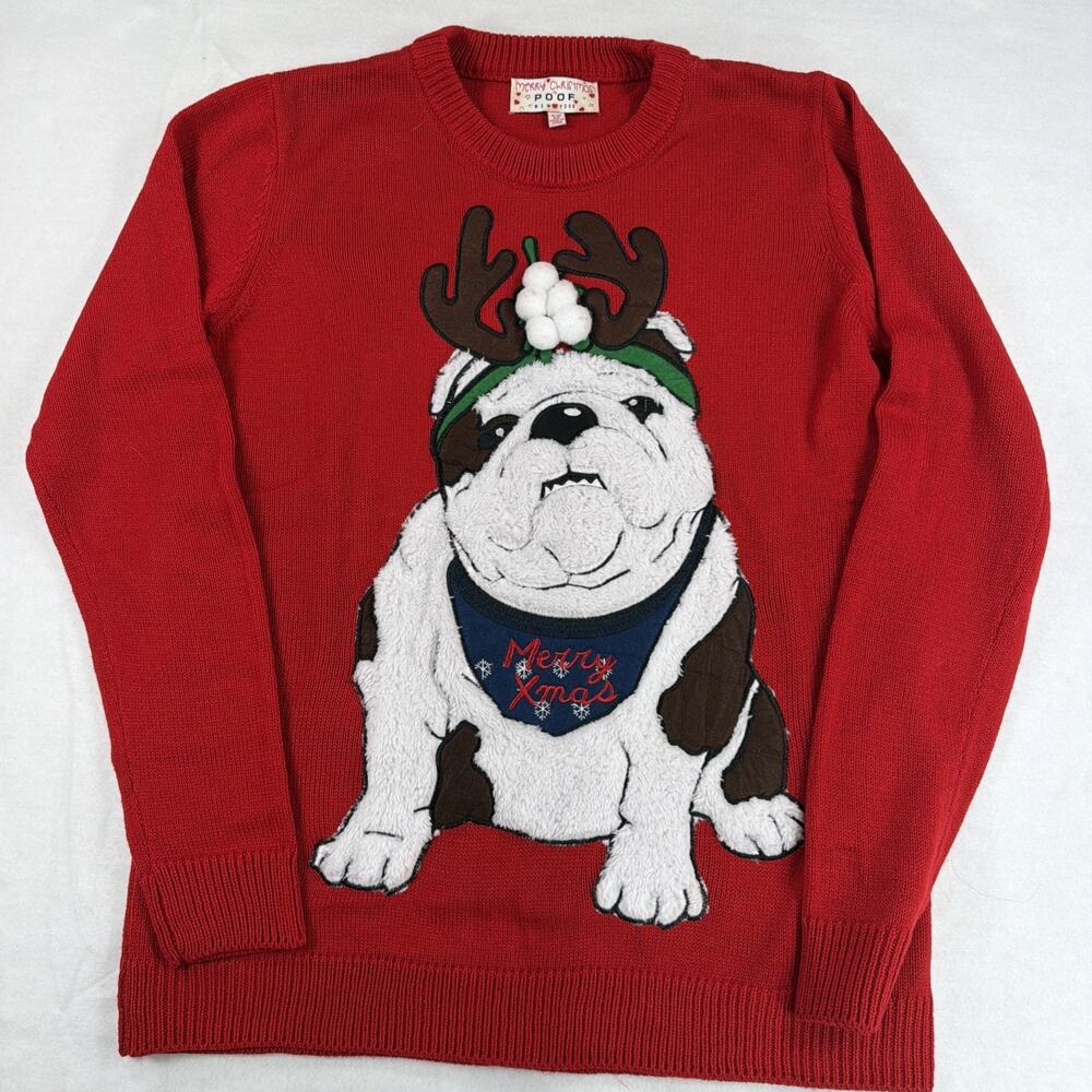Merry Christmas Poof New York Ugly Christmas Sweater Red Bulldog Reindeer Medium